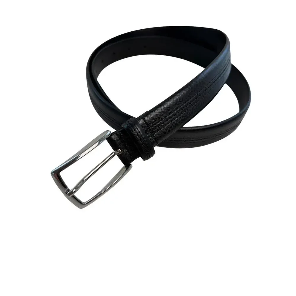 BROOKS BROTHERS Black Leather Belt Mens Silvertone Hardware Center Seam 38/95